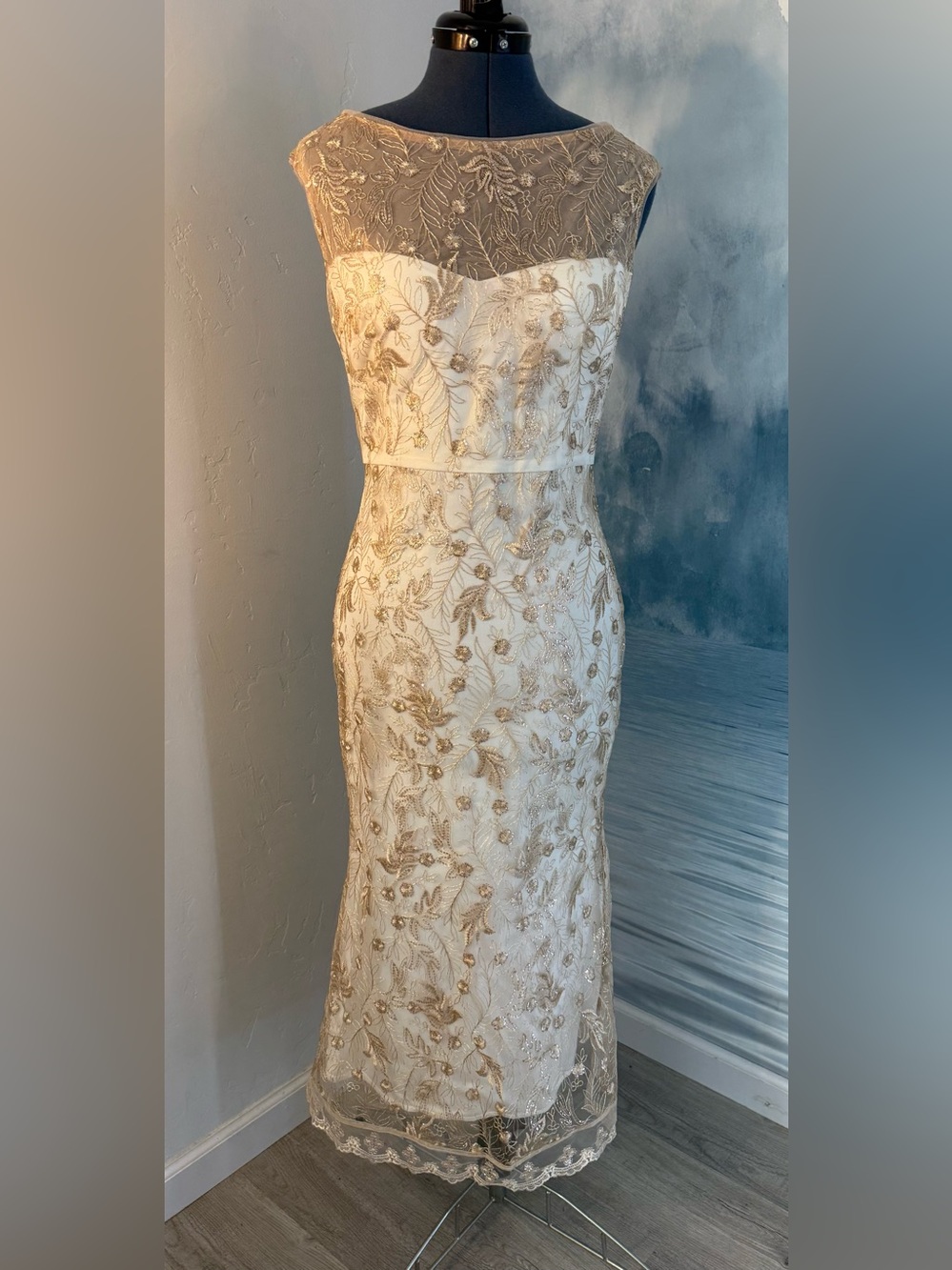 Champagne Sleeveless Sheath Dress with Gold Embroidered Overlay #385